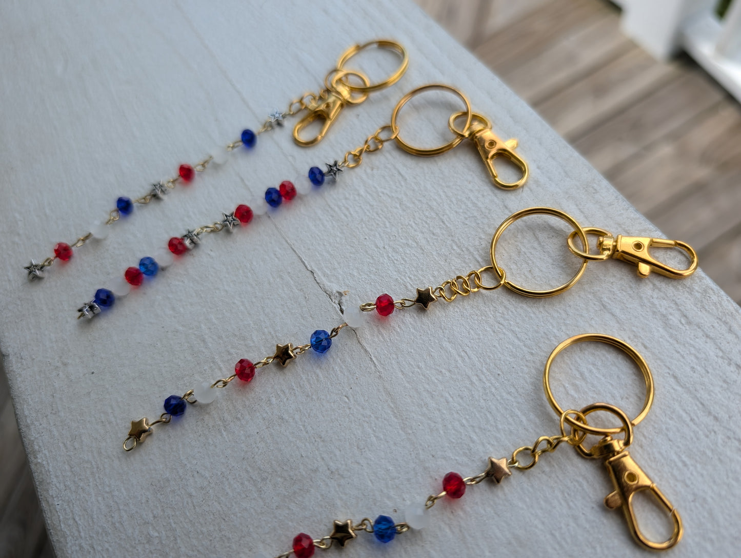 Red, White, & Blue Beads w/ Silver Star & mixed metals KeyChain